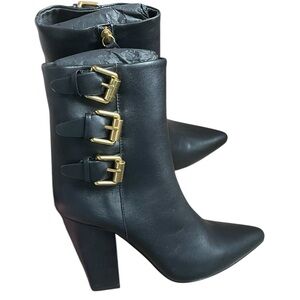 Rebecca Minkoff Bucklebty Black Leather‎ Bootie, Gold Hardware, Size 7, New